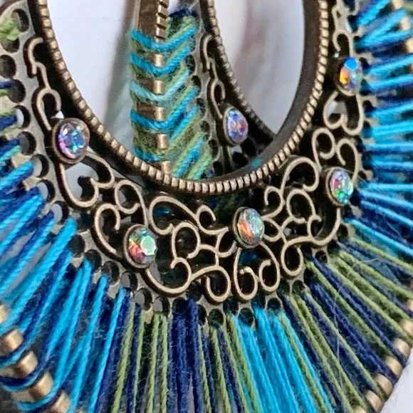 'Vintage' Gold Boho Blue Green Thread Rhinestone Round Filigree Dangle Earrings - Picture 3 of 5